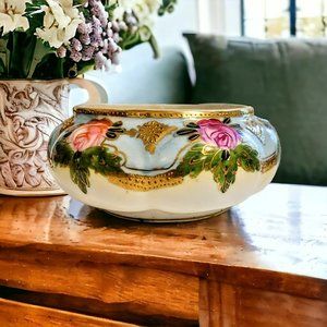 Antique Nippon Dresser Trinket Bowl Gold Bead Moriage Rose  Collectible READ